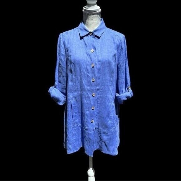 🌻Soft Surroundings Blue Linen Lagenlook Minimalist Tabbed Sleeve Tunic Medium - Picture 6 of 12